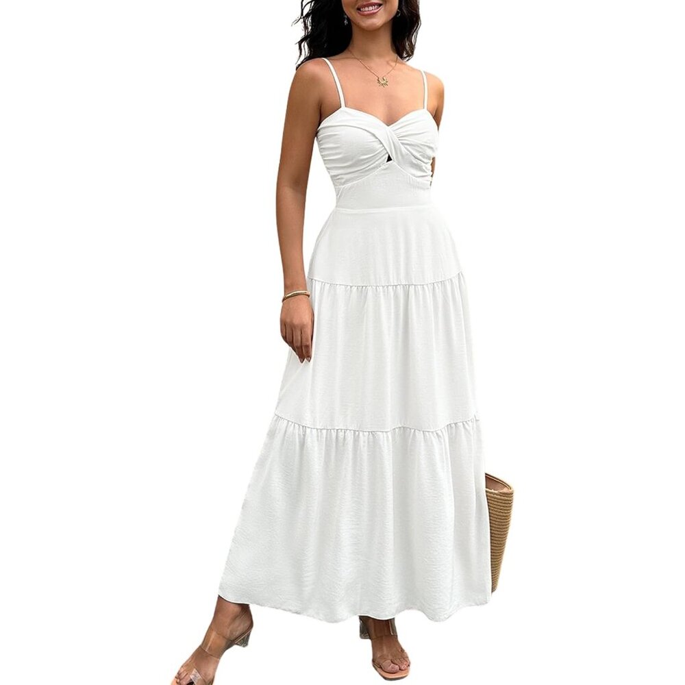 Women's Summer Polyester Off Shoulder Hollow Out Smocked A Line Maxi Dress